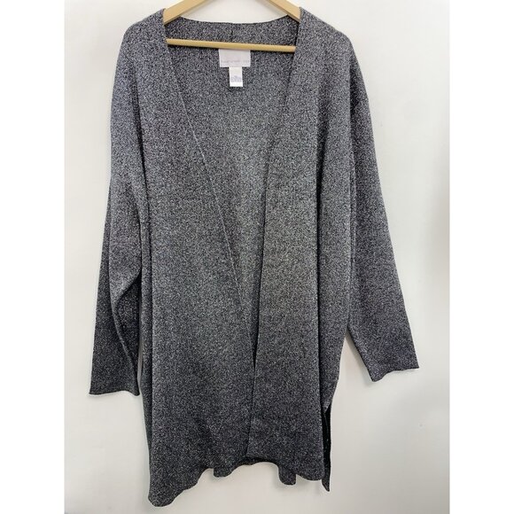 Susan Graver Sweaters - Susan Graver Style Cardigan Sweater Tunic Open Front Black Silver Metallic 3X